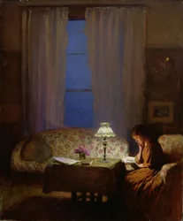 Lezen bij lamplicht (schemering: interieur)