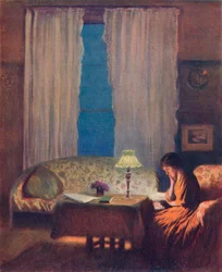 Lezen bij lamplicht: Interieur, 1909