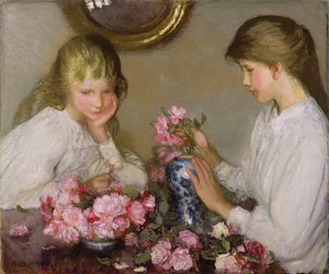 Twee Meisjes die Bloemen Schikken