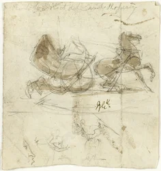 Karikatuur van zichzelf (recto); Cabine gegooid door een paard, met andere schetsen (verso)