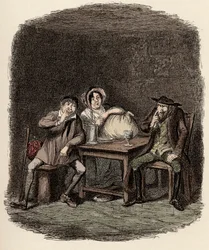 Fagin die zaken doet met Morris Bolter, alias Noe Claypole, en Charlotte - De Jood en Morris Bolter beginnen elkaar te begrijpen - Illustratie voor "Oliver Twist" door Charles Dickens