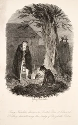 Guy Fawkes ontdekt Doctor Dee & Edward Kelley die het lichaam van Elizabeth Orton opgraven, illustratie uit Guy Fawkes, of het Buskruitverraad: een Historische Romance, door William Harrison Ainsworth