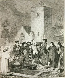 Jonathan Wild grijpt Jack bij de begrafenis van zijn moeder op het kerkhof van Willesden, illustratie uit 