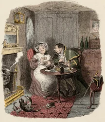 Monsieur Bumble en Madame Corney drinken thee - Mr Bumble en Mrs Corney drinken thee - Illustratie voor 