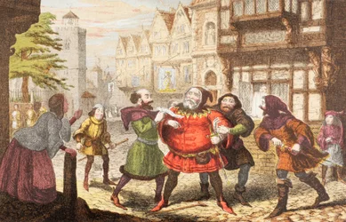 Mrs Quickly laat Sir John Falstaff arresteren in Henry IV, Deel 2, uit 