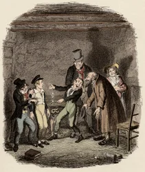 Oliver Twist ontvangen door oude Fagin en zijn team - Oliver ontvangst door Fagin en de jongens - Illustratie voor 