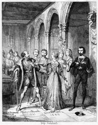 Koningin Jane die tussenbeide komt tussen Northumberland en Simon Renard, 1553