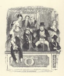 Victoriaanse theaterbezoekers dringen samen in een loge in een Londens theater (gravure)