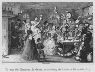 Xit, nu Sir Narcissus Le Grand, vermaakt zijn vrienden op zijn trouwdag (gravure)