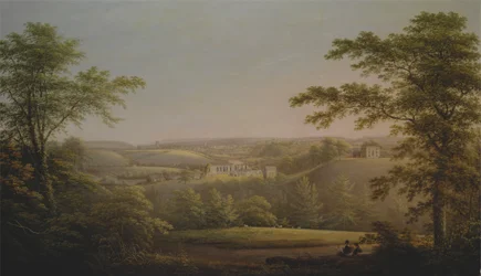 Easby Hall en Easby Abbey met Richmond, Yorkshire op de achtergrond