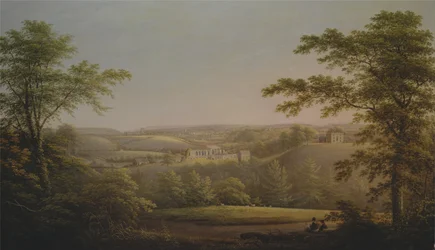 Easby Hall en Easby Abbey met Richmond, Yorkshire op de achtergrond