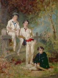 Drie jonge cricketspelers, ca. 1883