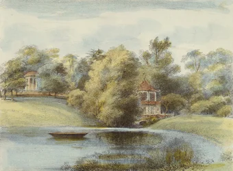 Chinese Tempel en Tempel van Eolus, Kew Gardens, plaat 16 uit Kew Gardens: Een Serie van Vierentwintig Tekeningen op Steen, gegraveerd door Charles Hullmandel (1789-1850) gepubliceerd 1820