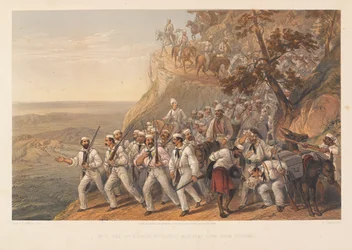 1e Bengal Fusiliers marcheren naar beneden vanuit Dugshai, 1857