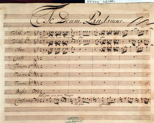 Titelpagina van muzikale partituur van Te deum door G F Handel