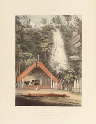 Huis van Hiwikau, moeder van de Heuneu, en watervallen van Ko Waihi, bij Te Rapa, plaat 21 uit "The New Zealanders Illustrated"