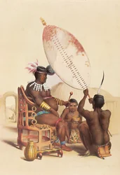 Mpande, de Zulu koning, omringd door zijn krijgers