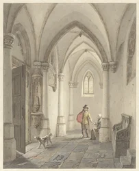 Kerkinterieur met man die bedelaarster een aalmoes geeft