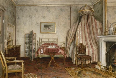 Uitzicht op de slaapkamer waar Napoleon III stierf, Camden Place, Chislehurst, Kent, 1873