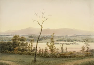 Vroege schemering, Kaatskill Catskill Landing en bergen vanaf de oostelijke oever van de Hudson, New York