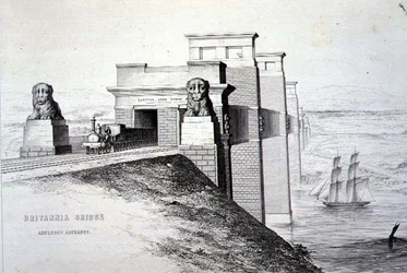 Britannia Bridge, Anglesey Entrance, gegraveerd door de kunstenaar, uitgegeven 1849