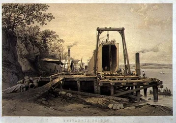 Britannia Bridge, platform en constructie van buizen, september 1848, gegraveerd door de kunstenaar, uitgegeven 1849
