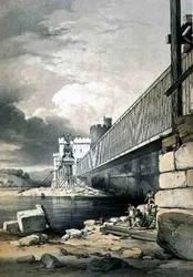 Conway Tubular Bridge, met de voorbereidingen voor het hijsen van de tweede buis, gepubliceerd in 1849