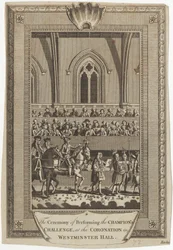 De ceremonie van de uitdaging door de kampioen bij de kroning in Westminster Hall