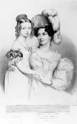 Koningin Victoria en haar moeder prinses Victoria, hertogin van Kent en Strathearn, gegraveerd door Richard James Lane, 1834