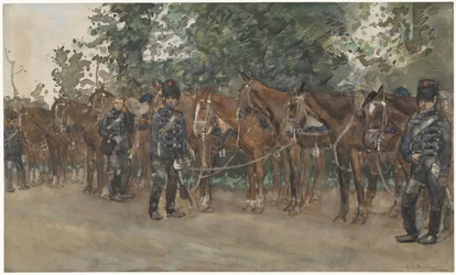 Huzaren staande naast hun paarden langs de kant van de weg