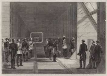 De Prins van Wales sluit de laatste klinknagel van de Victoria Tubular Bridge over de St. Lawrence