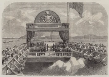 De Prins van Wales legt de laatste steen van de Victoria Bridge over de St. Lawrence