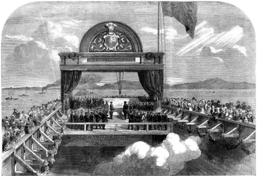 De Prins van Wales legt de laatste steen van de Victoria-brug over de St. Lawrence rivier, 1860
