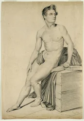Zonder titel - Mannelijk naakt gekopieerd van een lithografie, 1842 (grafiet op buff papier)