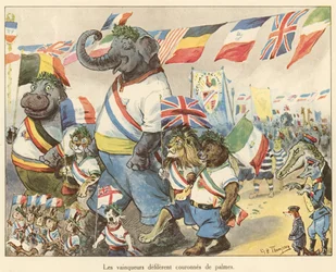De winnaars marcheren gekroond met palmen voorbij (kleurenlitho)
