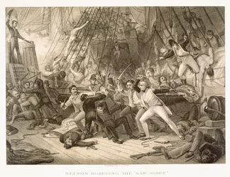 Horatio Nelson aan boord van de San Josef bij de Slag bij Kaap St. Vincent, 14 februari 1797, gegraveerd door John Crew naar het origineel in de Greenwich Hospital Collection