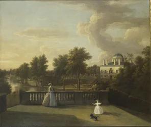 Uitzicht op Chiswick Villa vanaf een balkon boven de Cascade met het meer