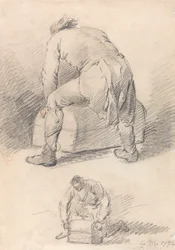 Een man die een koffer optilt, twee studies op één blad