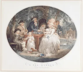 Een theetuin, kleurstippelgravure naar Morland door Francois David Saron