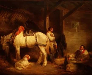 Arbeiders en trekpaarden in een stalinterieur