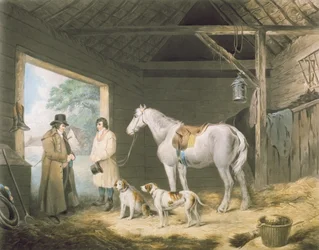Betaling aan de stalhouder, gegraveerd door Samuel William Reynolds, uitgegeven door H. Macklin, 1805 (mezzotint gravure)