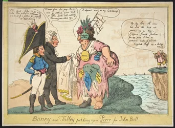 Boney en Talley die een stuk voor John Bull oplappen, pub. 1806 (handgekleurde gravure)
