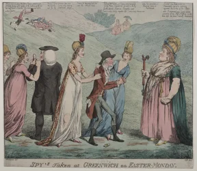 Moeder Windsor met vier van haar courtisanes, beveelt haar meisjes om de bisschop van Durham en de hertog van Queensbury te arresteren, 1798