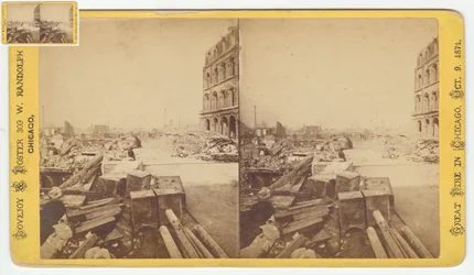 Stereofoto van kluizen uit de ruïnes op Dearborn Street na de brand van Chicago in 1871, 1871