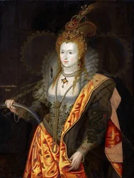 Portret van Elizabeth I van Engeland 1533-1603, in balletkostuum als Iris, Regenboogportret
