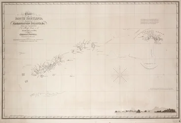 Kaart van de Zuidelijke Shetlandeilanden, met inbegrip van Coronation Island, naar de verkenning door de sloep Dove in de jaren 1821 en 1822 onder George Powell, commandant van hetzelfde schip