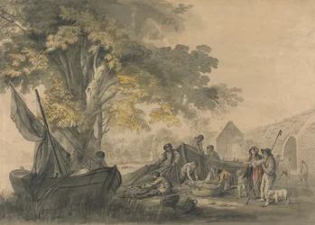 Boten, vissers en boeren nabij een stuw