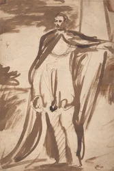 Lord Salisbury, staand bij een pilaar