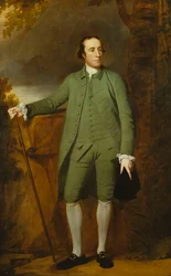 Portret van George Morewood, staand in volledige lengte, in een groene jas, vest en broek, een hoed in zijn linkerhand houdend, een stok in zijn rechterhand