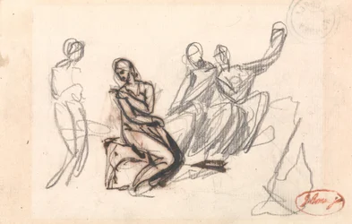 Drie zittende figuren en een staande figuur
